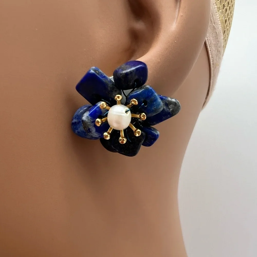 LAPIS AND PEARL FLORAL HANDMADE EARRINGS_2